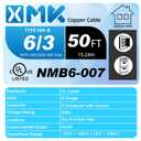 NM-B 6/3 Wire with Ground,50ft 6/3 NM-B W/G Wire 6 AWG Nonmetallic Sheathed NM-B Cable,Copper 6 Gauge 3 Conductor Residential Indoor Electrical Wiring for Branch Circuit Switches,Outlets,Other Loads