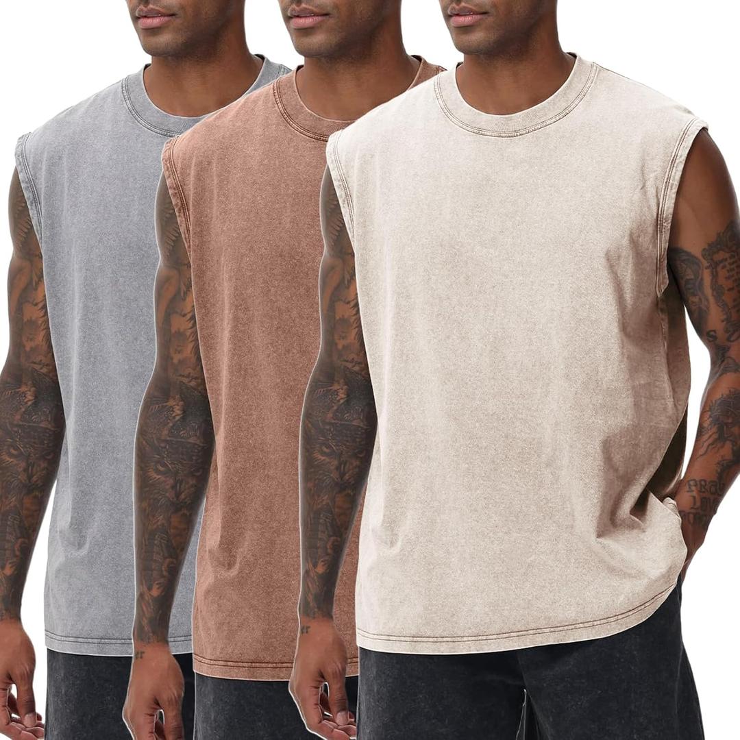 Arssm Sleeveless Shirts for Men Tank Tops Cotton Acid Wash Tees Muscle Workout Running Tank Tops (Beige, L)