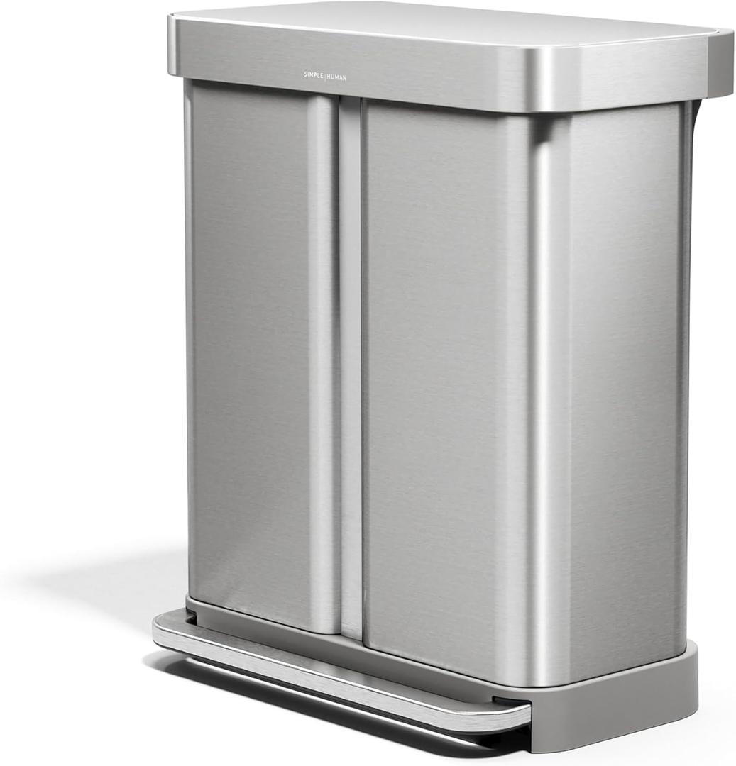 simplehuman 58 Liter / 15.3 Gallon Rectangular Hands-Free Dual Compartment Recycling Kitchen Step Trash Can with Soft-Close Lid, Brushed Stainless Steel