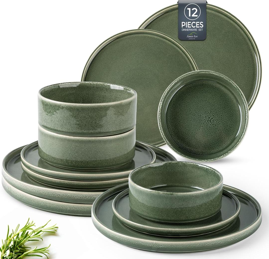 AmorArc Ceramic Dinnerware Sets, Handmade Reactive Glaze Stoneware Plates and Bowls Sets,Highly Chip and Crack Resistant | Dishwasher & Microwave Safe Dishes Set, Service for 4 (12pc) (Jade Green)