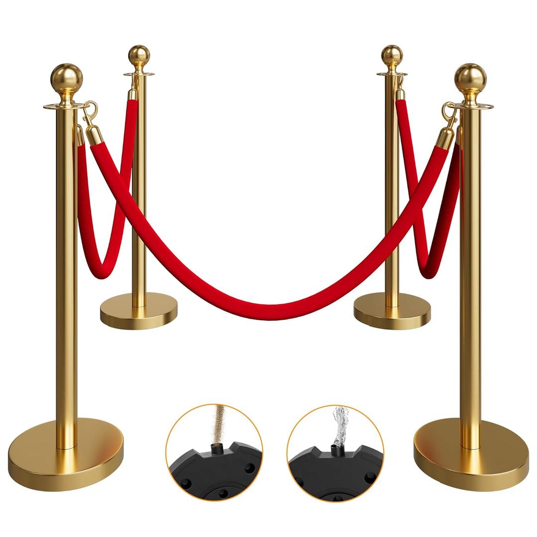 4 Pack Gold Stanchions and Velvet Ropes Set, Stainless Steel Crowd Control Barriers, 3Pcs Red Carpet Ropes and Poles for Party Supplies,Photobooth Accessories, Prom,Birthday,Business,Wedding, Museums