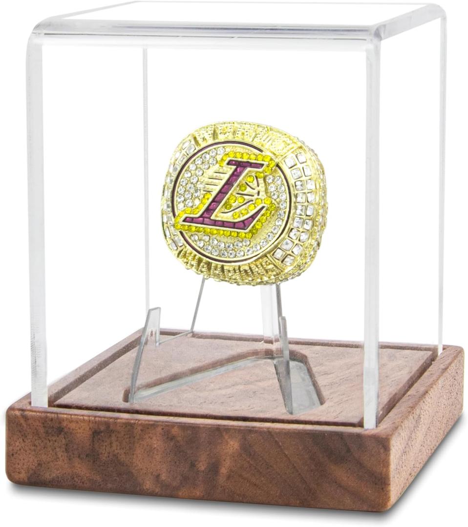 Championship Ring Display Case, UV-Protected Clear Challenge Coin Holder with Walnut Wood Base for Baseball, Softball, Super Bowl, Football Ring, Military Collectibles, Display Box for Memorabilia