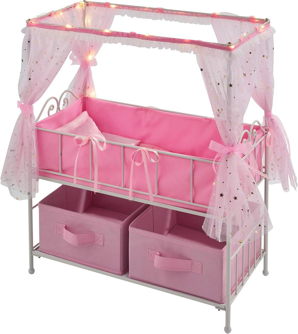 Badger Basket Starlights Metal Doll Crib with Canopy, Bedding, Storage & LED Lights  Pink/White Stars  Fits Dolls up to 18 Inches