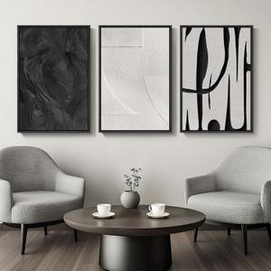 Large Framed Black and White Abstract Wall Art for Living Room, 3 Piece Canvas Prints Paintings Artwork for Walls, Modern Minimalist Pictures for Hallway Stair Office Wall Decor -Total Size 30x60 Inch