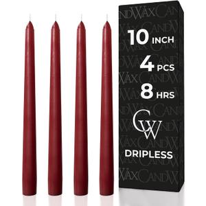 CANDWAX Burgundy 10 inch Taper Candles Pack of 4 - Unscented Dripless Burgundy Candlesticks - Perfect as Christmas Decorations and Home Decor for Dinner Table Centerpieces - Christmas Taper Candles