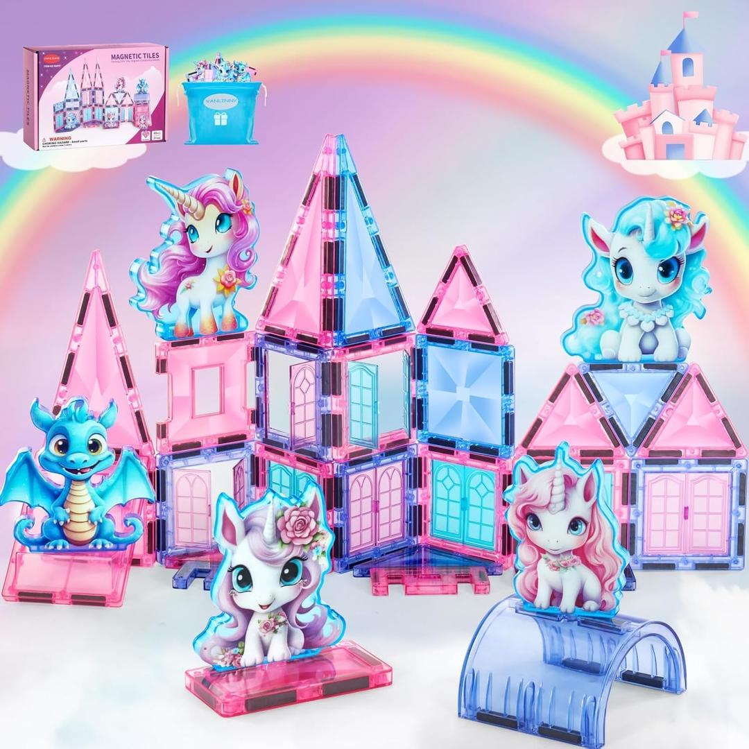 Unicorn Magnetic Tiles 49pcs Magical Unicorn Toys for Girls Aged 4-8, Magnetic Building Blocks, STEM Construction Toy with 4 Unicorn Dolls and Dragon, Diamond 3D Educational Gift for Girls & Boys