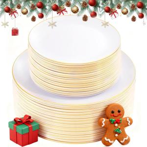 KIRE 100PCS Disposable Plates - White with Gold Rim for Christmas Party/Wedding - Includes 50Pieces 10.25inch Dinner and 50Pieces 7.5inch Dessert/Salad Plates