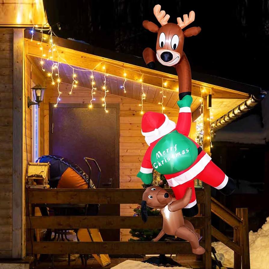 7.5 Ft Christmas Inflatable Outdoor Decoration, Hanging Christmas Inflatables Climbing Santa with Reindeer and Dog, Blow Up Inflatable with Buildin LEDs for Xmas Party Roof Yard Garden Lawn Decor