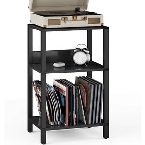 TUTOTAK Record Player Stand with Storage Up to 100 Albums,Record Storage Table,3 Tier End Table,Side Table for Living Room, Bedroom, Black TB01BK075