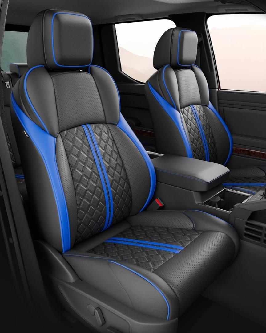 Custom Seat Covers for Tacoma 4th Gen 2024 2025 2026 Double Cab SR5/TRD Sport/TRD Off-Road/SR Full Set with Console Covers, Waterproof Leather Back and Front Seat Protectors Black Blue