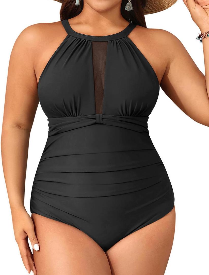 Aqua Eve Plus Size Women One Piece Swimsuit Tummy Control Bathing Suit High Neck Swimwear Black 20W