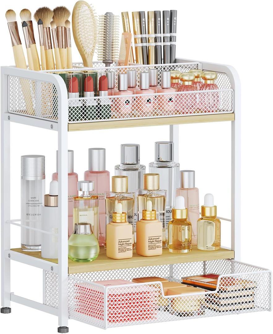 HapiRm Makeup Organizer Countertop with Drawer - Large Capacity Vanity Organizer with Dividers, Bathroom and Bedroom Desk Cosmetic Display Case for Storage Skincare, Makeup Brush, Dresser, Perfume (2 Tier, Natural)