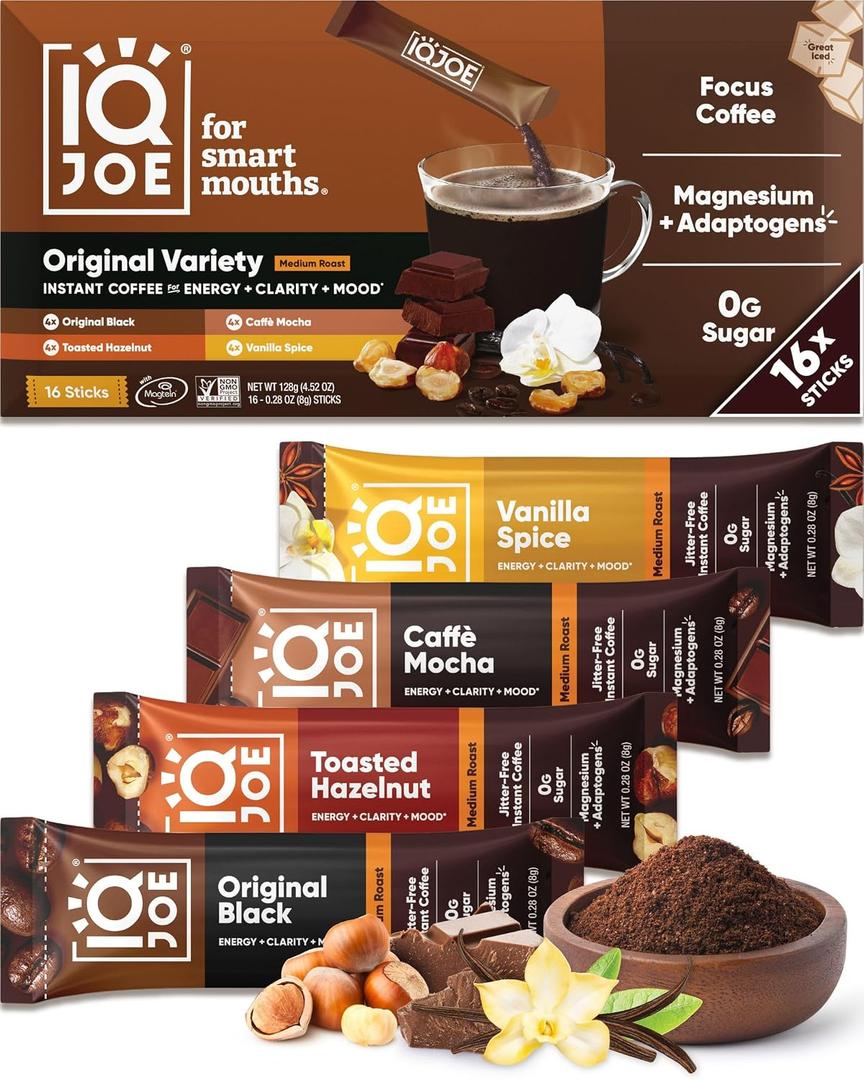 IQJOE Mushroom Coffee Packets - Variety Pack | 16 Stick Packs | Lion's Mane, Magnesium L-Threonate, Adaptogens | Instant Coffee for Jitter-Free Focus, Clarity & Energy | Keto, Vegan, Zero Sugar, Best By 02/29/28