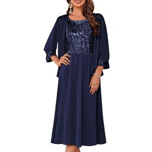 GRACE KARIN Wedding Guest Dress,Mother of The Bride Dresses,Two Piece Formal Sequin Dress with Jacket Tea Length (Medium, Navy Blue)