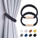 NICEEC 2 Pack Wooden Magnetic Curtain Tiebacks Boho Decoration Drape Tie Backs Natural Cotton Handmade Double Rope Curtain Holdbacks for Thin & Thick Home & Office Window Drapery (Black)
