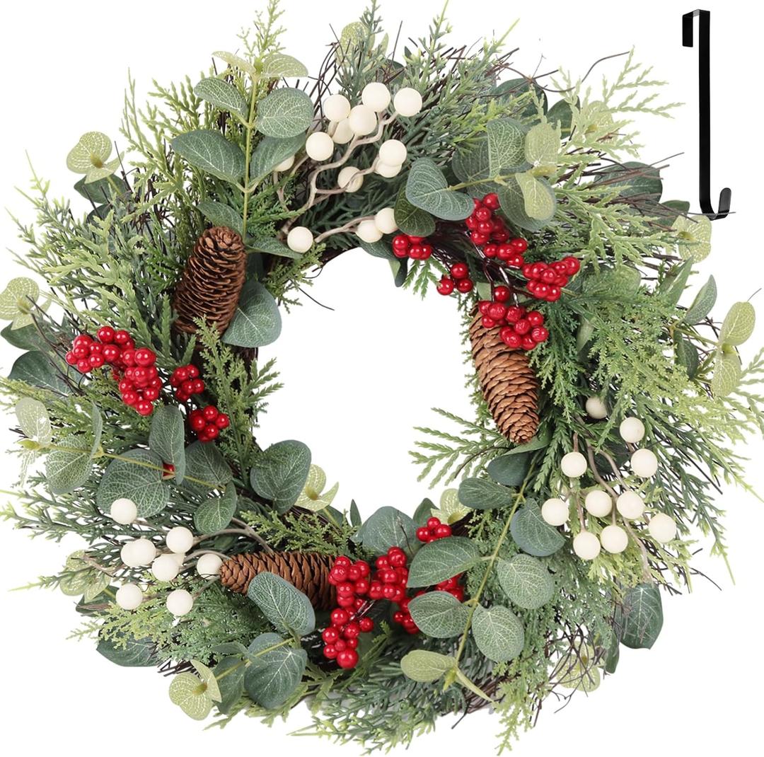 22 Inch Christmas Wreath with Hanger, Christmas Wreaths for Front Door with Red White Berry Pine Cone Xmas Wreaths for Front Door Wall Home Outdoor Decor