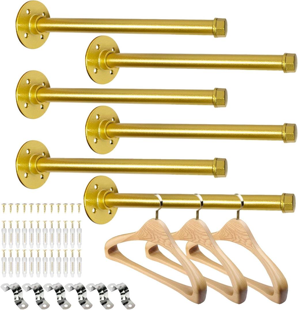 Pintuson 6 Pcs Industrial Pipe Clothes Bar 12 Inch - Wall Mount Clothing Rack - Face Out Closet Rods for Hanging Clothes Commercial Retail Boutique Laundry Shirt Display - Golden