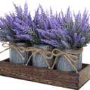 Set of 3 Small Potted Plants Arrangement Artificial Lavender Flower Plants in Rustic Galvanized Metal Pots with Decorative Wood Tray for Farmhouse Table Centerpiece Windowsill Country Indoor Decor