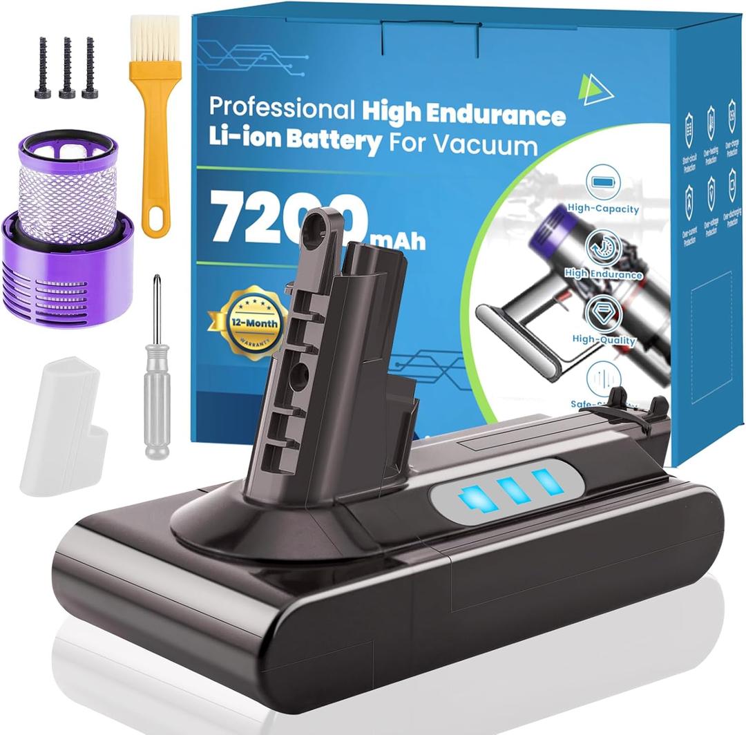 7200mAh High Capacity V10 Battery Replacement Compatible for Dyson V10 Absolute/Fluffy/Motorhead/SV12 Vacuum Cleaner, 25.2V 12-Layer Protections Li-ion Battery with Filters (Not Fit SV10)