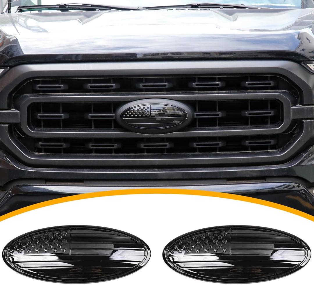 9.5" Front Grill Rear Tailgate Emblem Cover Trim Compatible with 2015-2023 Ford F150 Exterior Accessories Decor Overlay American Flag Oval Emblem Protector Decoration Decal, 2 Pack