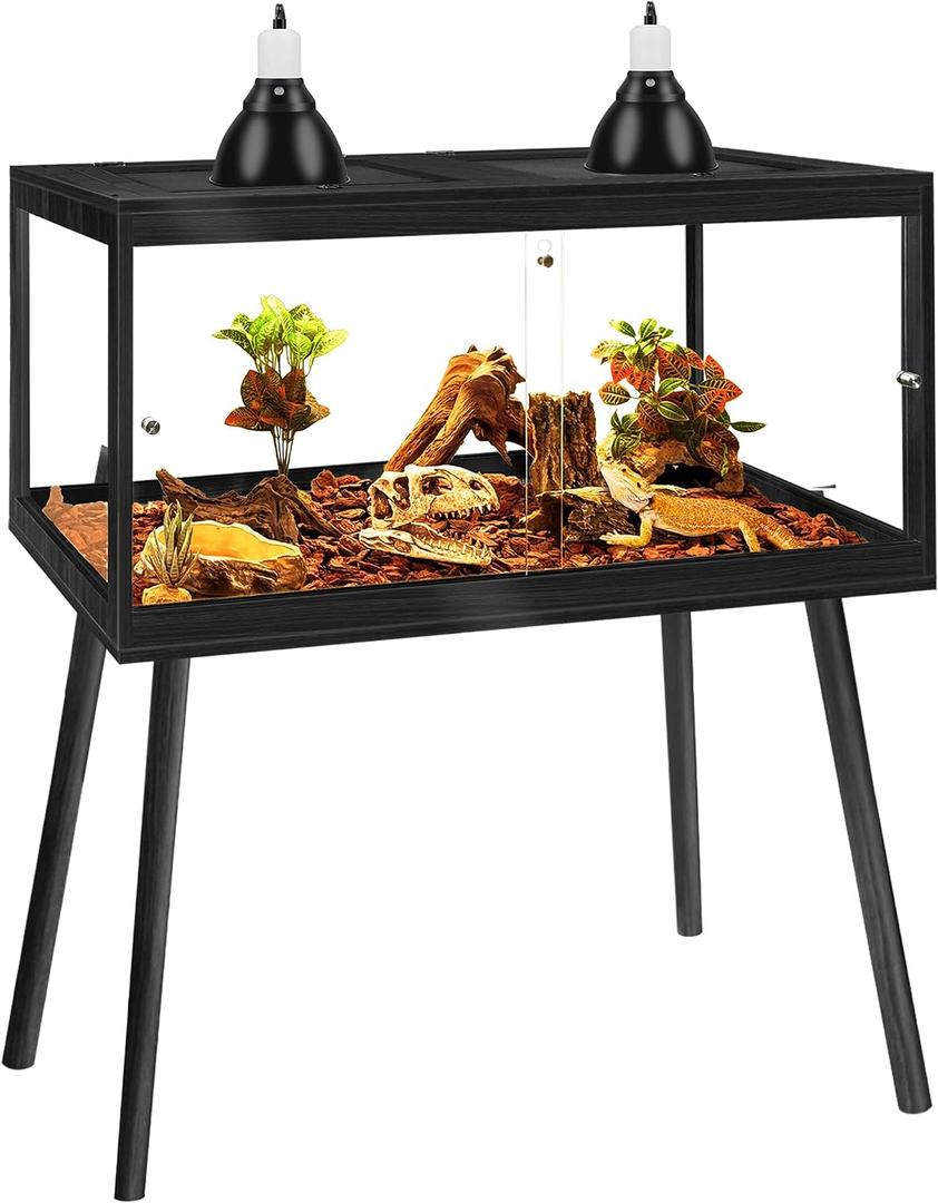 PROLEE Bearded Dragon Tank with Leg Stand 34 Gallons, Wooden Lizard Tank,Reptile Tank with Metal Mesh Roof Door, Acrylic Panel Snake Tank with Lock Design (Black, 32"x16"x16")