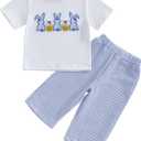 Toddler Bay Boy Girl Easter Clothes Bunny Embroidery Short Sleeve T-Shirt Tops Plaid Jogger Pants Set Spring Outfit (Blue)