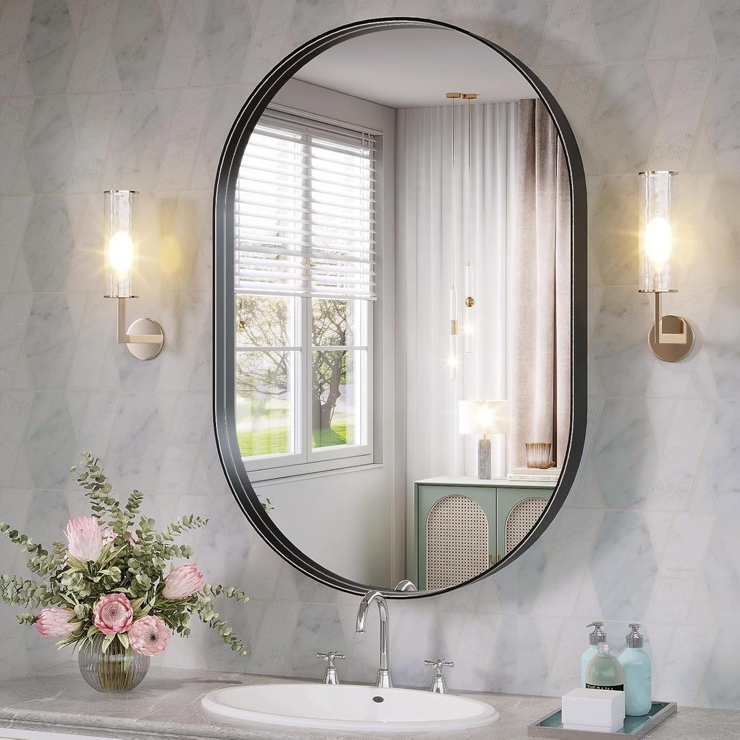 Oval Mirror, 22"×30" Black Bathroom Mirror, Oval Mirrors for Bathroom, Black Vanity Mirror for Wall, Entryway, Living Room, Wall Mount Mirrors Hangs Vertical or Horizontal