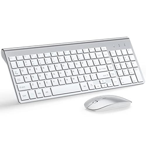 Wireless Keyboard and Mouse Ultra Slim Combo, TopMate 2.4G Silent Compact USB 2400DPI Mouse and Scissor Switch Keyboard Set with Cover, Batteries Included, for PC/Laptop/Windows/Mac - Silver White