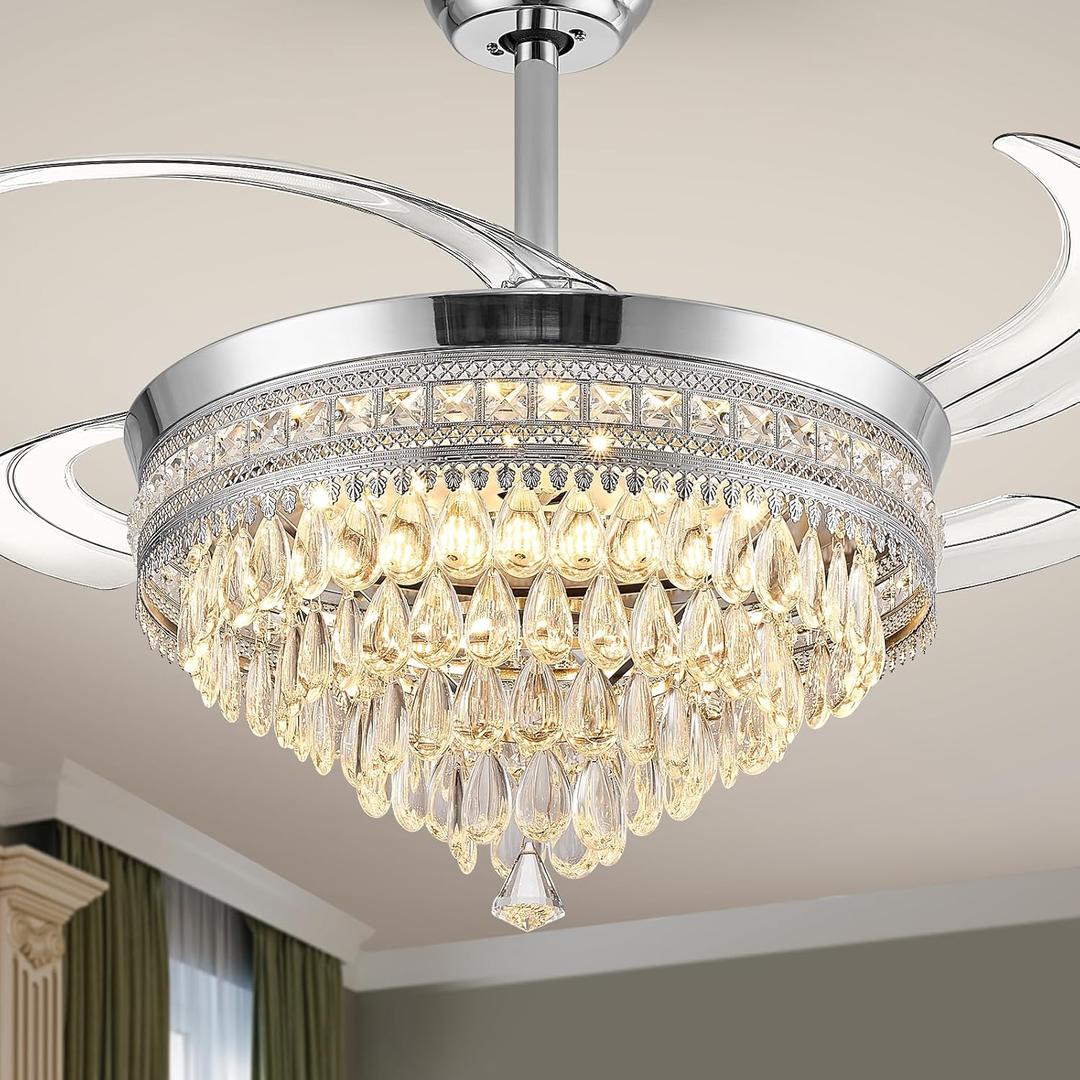 Chandelier Ceiling Fan with Lights and Remote,48 Inch Modern Flush Mount for Bedroom Indoor, Dimmable LED,Bluetooth Connection,Energy Efficient Quiet Retractable Blades (White)