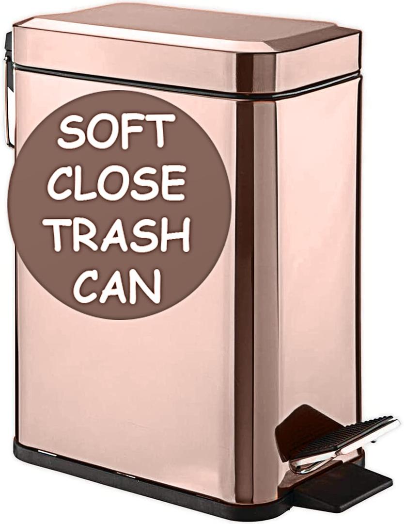 Homie Soft Close, Slim Trash Can 1.6 Gallon with Anti - Bag Slip Liner and Lid, Use as Mini Garbage Basket, Slim Dust Bin, or Decor in Bathroom, Restroom, Kitchen, or Bedroom (Rose Gold)
