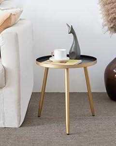 AOJEZOR Side Table: End Table for Any Room - Round Side Tables for Small Spaces - Black Top with 3 Gold Legged