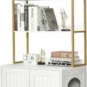 Homhedy Cat Litter Box Enclosure, Litter Box Furniture Hidden with 2-Tier Storage Shelves, Wooden Cat Washroom Furniture with Metal Frame, Modern Style, White and Gold