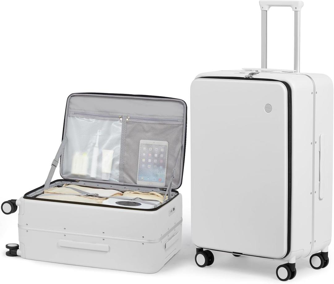 mixi 24 Inch Checked Luggage PC Hard Shell Suitcase Top Opening Aluminum Frame Travel Suitcases with Wheels, Smoke White