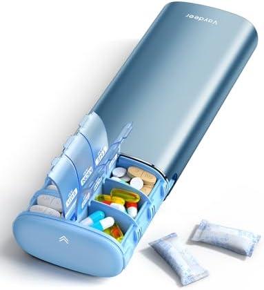 Vaydeer Metal 7 Day Pill Organizer 2 Times a Day – AM PM Weekly Travel Pill Case with Moisture-Proof Desiccant, Airtight Large Capacity Pill Box for Vitamins, Medications & Supplements (Blue)