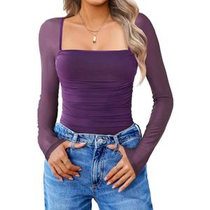 Avidlove Women's Square Neck Mesh Long Sleeve Bodysuit Shirts Ruched Body Suit Sexy Sheer Tops Date Night Outfit (Dark Purple, XL)