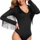 American Trends Women's Fringe Trim V Neck Long Sleeve Bodysuit Top Body Suit Concert Cowgirl Disco Outfits Leotard Jumpsuit (Medium, Black)