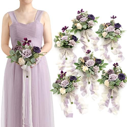 Ling's moment Artificial Bridesmaid Bouquets Set of 6,Purple Wedding Flower Bouquets Lilac Rose Floral Bouquet Bridal Bouquets with Ribbon Ceremony Anniversary,7-inch Diameter