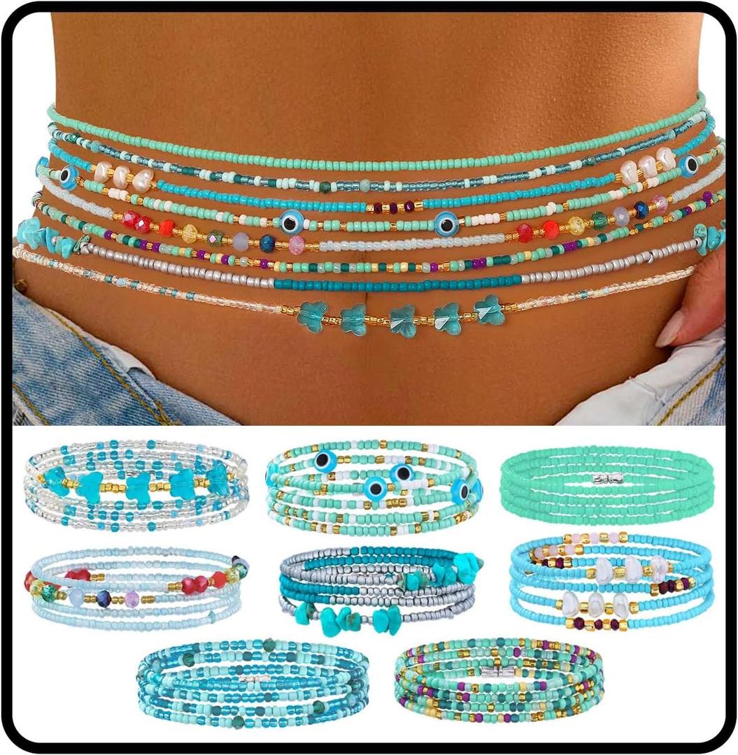 ELABEST Adjustable Handmade Waist Beads Stretchy 23-52 inch 8Pcs Chakra Yoga Body Belly Beaded Women Waist, Anklet, Bracelet, Necklace Jewelry with Screw clasp