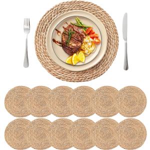 13.8'' Round Woven Placemats Set of 12, Boho Rattan Chargers for Dinner Plates, Rustic Wicker Place Mats, Straw Braided Table Placemats, for Dining Table Decor, Wedding, Farmhouse and Outdoor