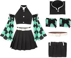 Women's Kamado Tanjirou Cosplay Costume Set Vest Pleated Skirt Sleeve with Belt for Adult,Large