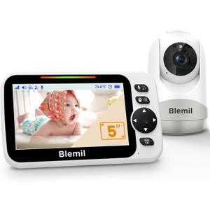 Blemil Baby Monitor with 30-Hour Battery, 5" Large Split-Screen Video Baby Monitor with Camera and Audio, 3500mAh Battery, Remote Pan/Tilt/Zoom Camera, Two-Way Talk, Night Vision, Lullabies, No WiFi