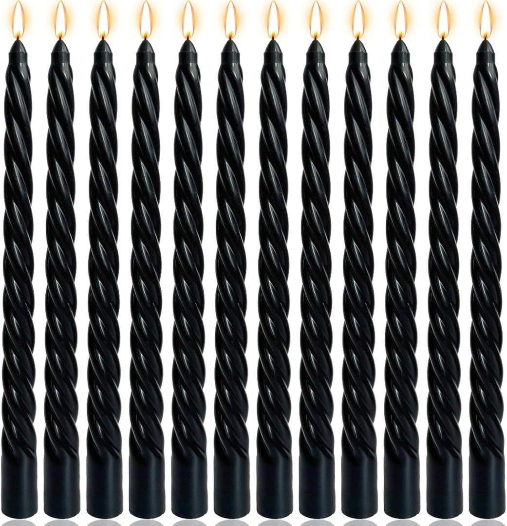 10 Inch Black Twisted Spiral Taper Candles Set for Halloween, 12 Pack Unscented Candlesticks, Dripelss Tapered Candles for Memorial Prayer Wiccan Rituals