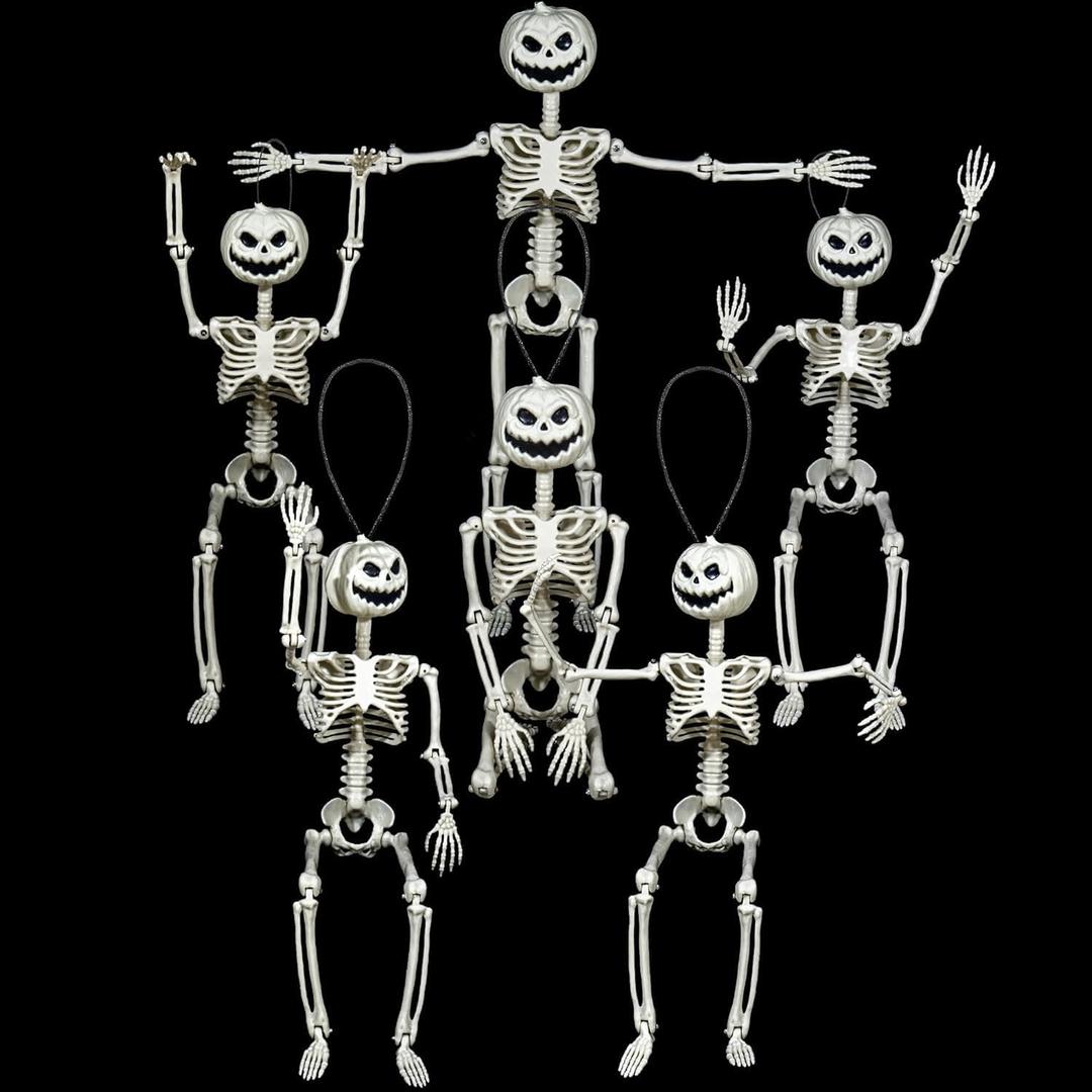 6 PCS 16 Inch Pumpkin Head Mini Small Little Tiny Halloween Skeleton Pose-N-Stay Full Body Posable Movable Jonints, Skeleton Plastic Bones, for Halloween Decoration Indoor Outdoor Decor