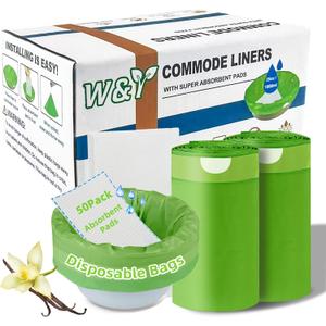 W&Y 50 Pack Commode Liners with Super Absorbent Pads, Universal Fit All Standard Toilet Chair BucketVanilla-Scented Portable Sanitary Bag for Adult Toilets and Camping Toilets50 Bags+50Pads