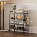 4 Tier Shoe Rack, Shoe Rack for Entryway with Hook, Shoe Organizer with Adjustable Mesh Shelves, Metal Shoe Storage, Closet, Bedroom Living Room Garage