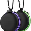 SUNGUY [2-Pack Earbuds Cases, Small Round Pocket Earbud Travel Carrying Case Pouch with Carabiners for Earbuds, Headsets, in-Ear Headphones, Hearing Aids, USB Cable and More (Green + Purple)