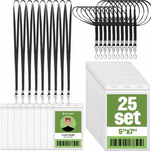 Patelai 25 Pack 5 x 7 Inch Extra Large Badge Credential Holders with 20 in Black Lanyard Vertical Name ID Badge PVC Card Holder ID Protector Sleeves Lanyard Pouch for Office Passport Tickets Events