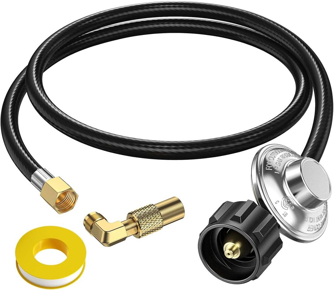 5ft Propane Hose with Regulator for Propane Fire Pit, Patio Heater, Gas Grill,Stove, 3/8 Inch Female Flare,with Elbow Adapter for Blackstone Griddle 17/22/28/36'', Regulator for 5-40 lb Tank