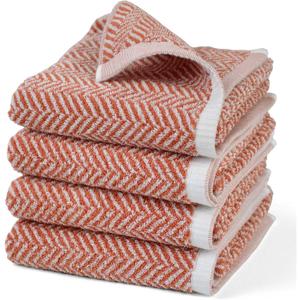 Coral Hand Towels for Bathroom with Herringbone Stripes, Stylish 100% Ctton Hand Towel Set of 4, Ultra Soft and Highly Absorbent, 13 x 28 Inches