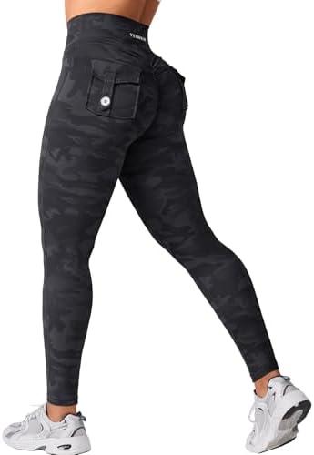 YEOREO CoreFlex Leggings with Pockets for Women Charm Scrunch Workout Leggings V Cross Waist Butt Lifting Gym Yoga Pants, Large, Black Camo 